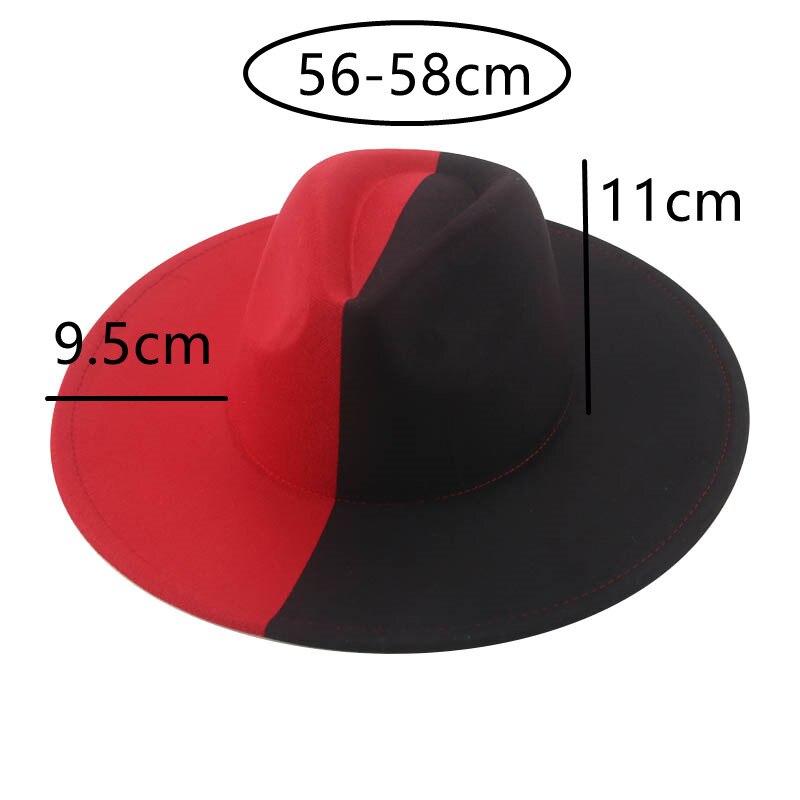 Sombrero Fedora de fieltro para hombre y mujer, gorro de ala grande de 9,5 cm, de retales en negro, blanco y rojo, informal de lujo