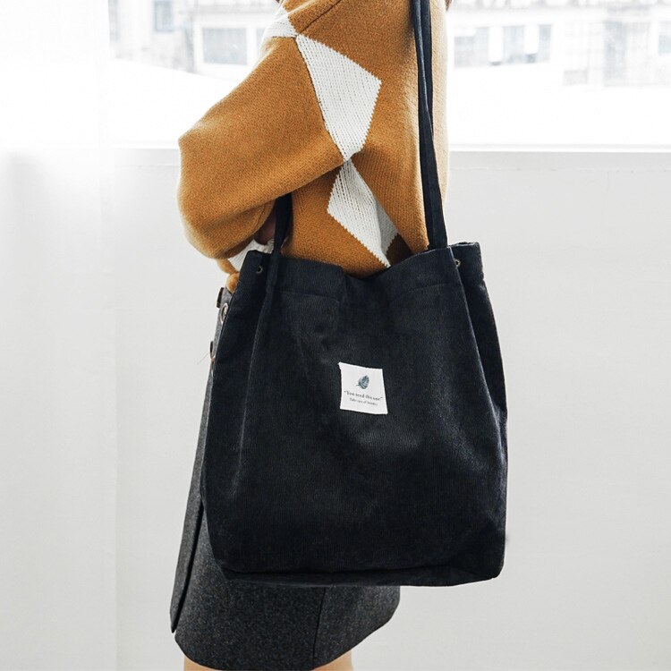 PUBGS, bolso de mujer, bolso de hombro informal, bolso de mano de loneta, alta capacidad, plegable, reutilizable, bolso de compras de pana para niña: Black
