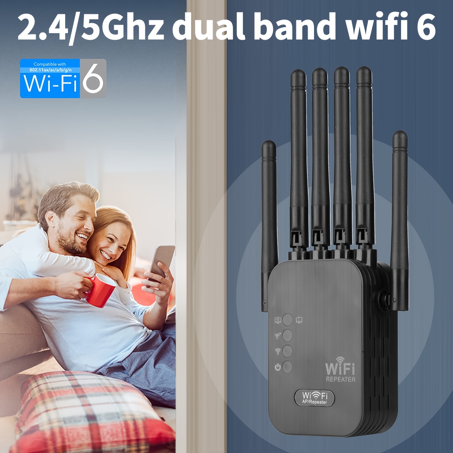Dual-band gigabit ethernet-porter, wifi 6- forlenger, fungerer med alle rutere, universell kompatibilitet, , 6 antenner for 50+  enheter