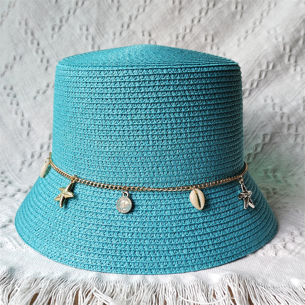Chapéu de palha colorido para mulheres e homens Chapéu de balde de praia Chapéu de sombrinha resistente a UV Acessórios em corrente Moda Verão: Azul