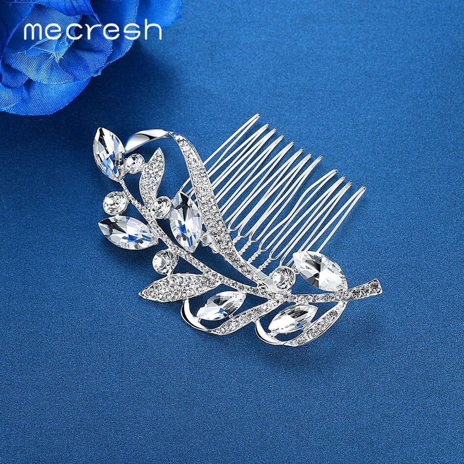 Mecresh Blatt Zweig Farbe Tropfen Ohrringe Haar Kamm Sets für Frauen Schöne Kristall Hochzeit Braut Schmuck Set EH1626 + FS104