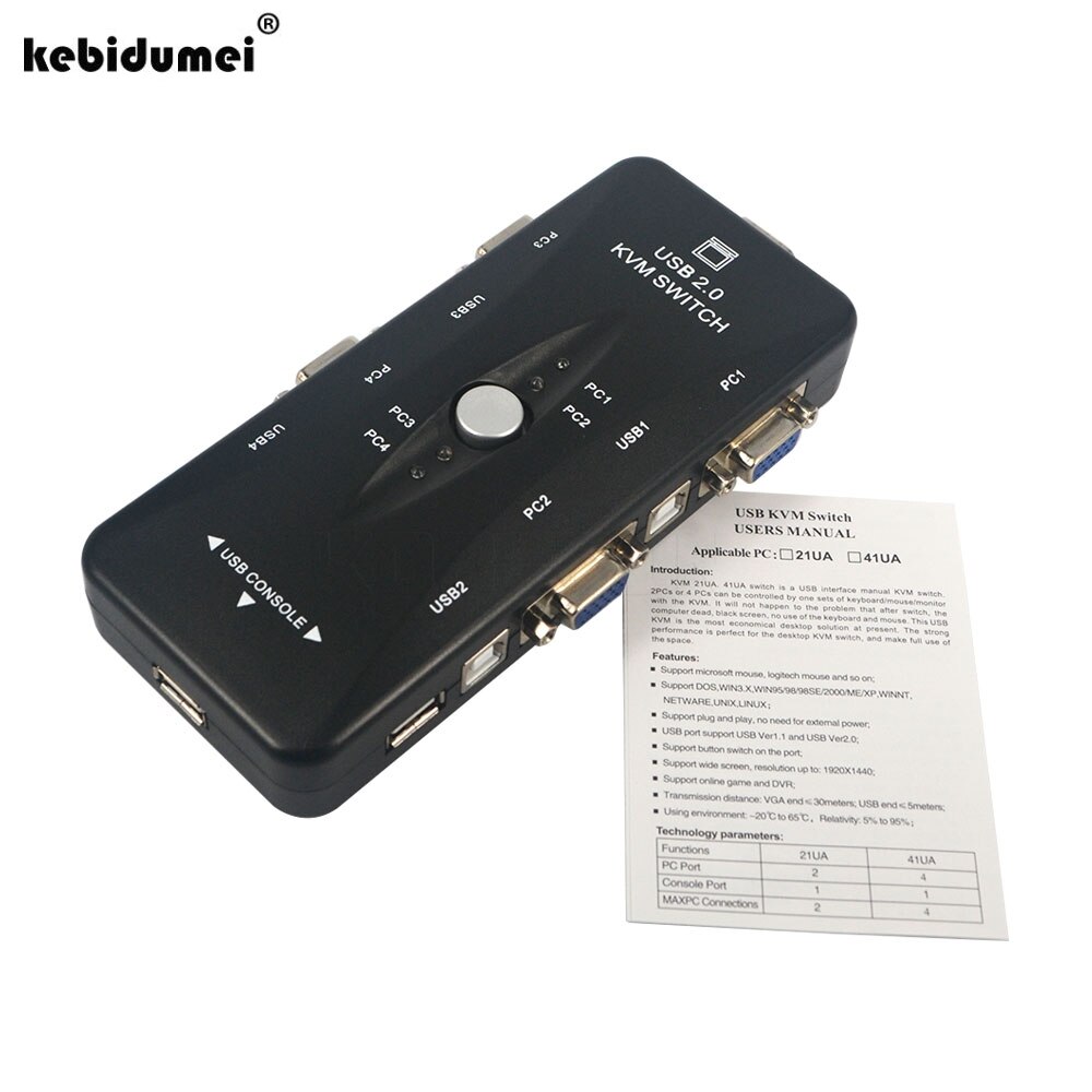 Kebidumei Originele 4-Port Mini-Auto USB KVM Switch Zwart Kvm-switch USB 2.0 1620x1440 Maximale resolutie