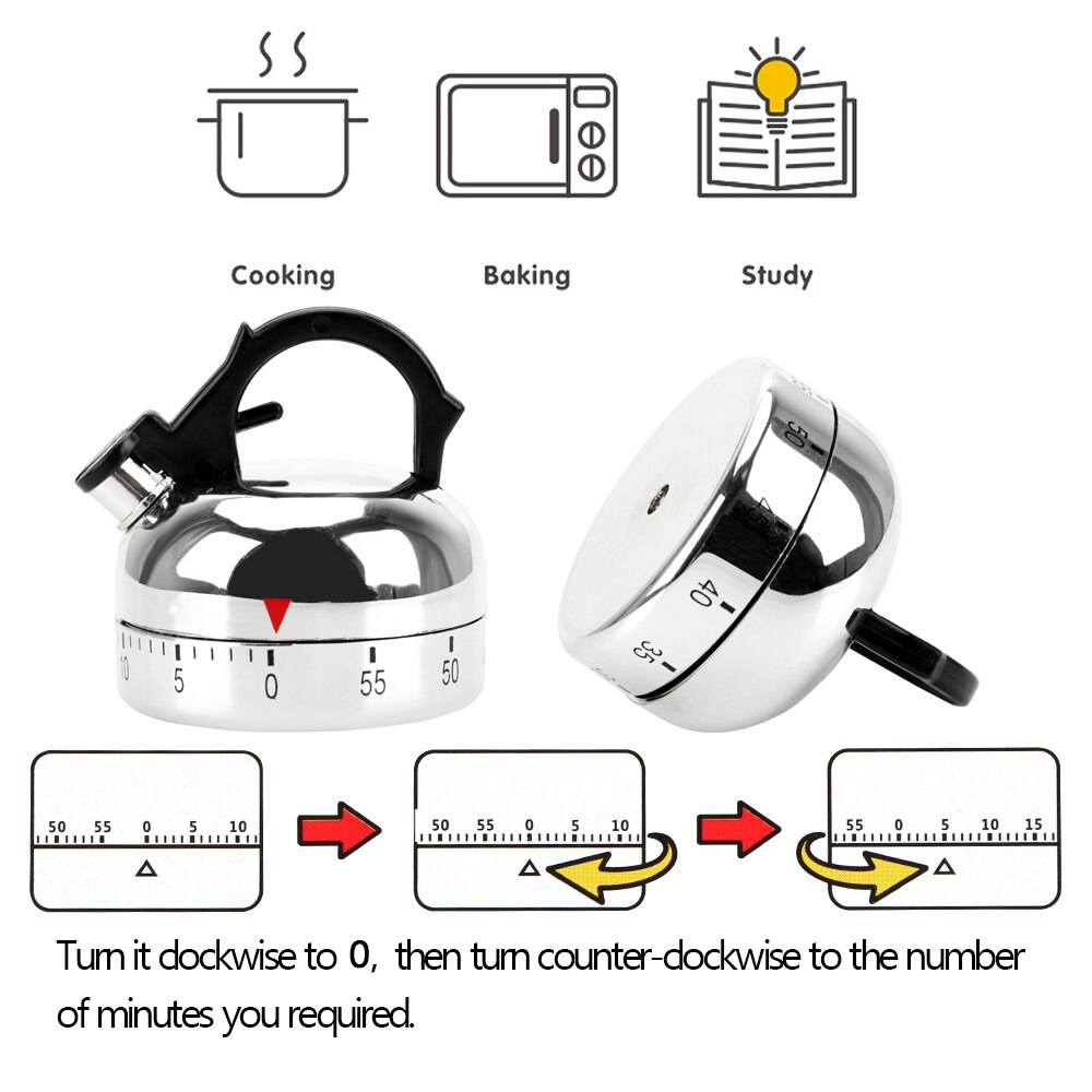 HILIFE 60 Minutes Kitchen Timer Countdown Alarm Reminder Plastic Kettle Shape Mechanical Timer Cooking Reminders Tools