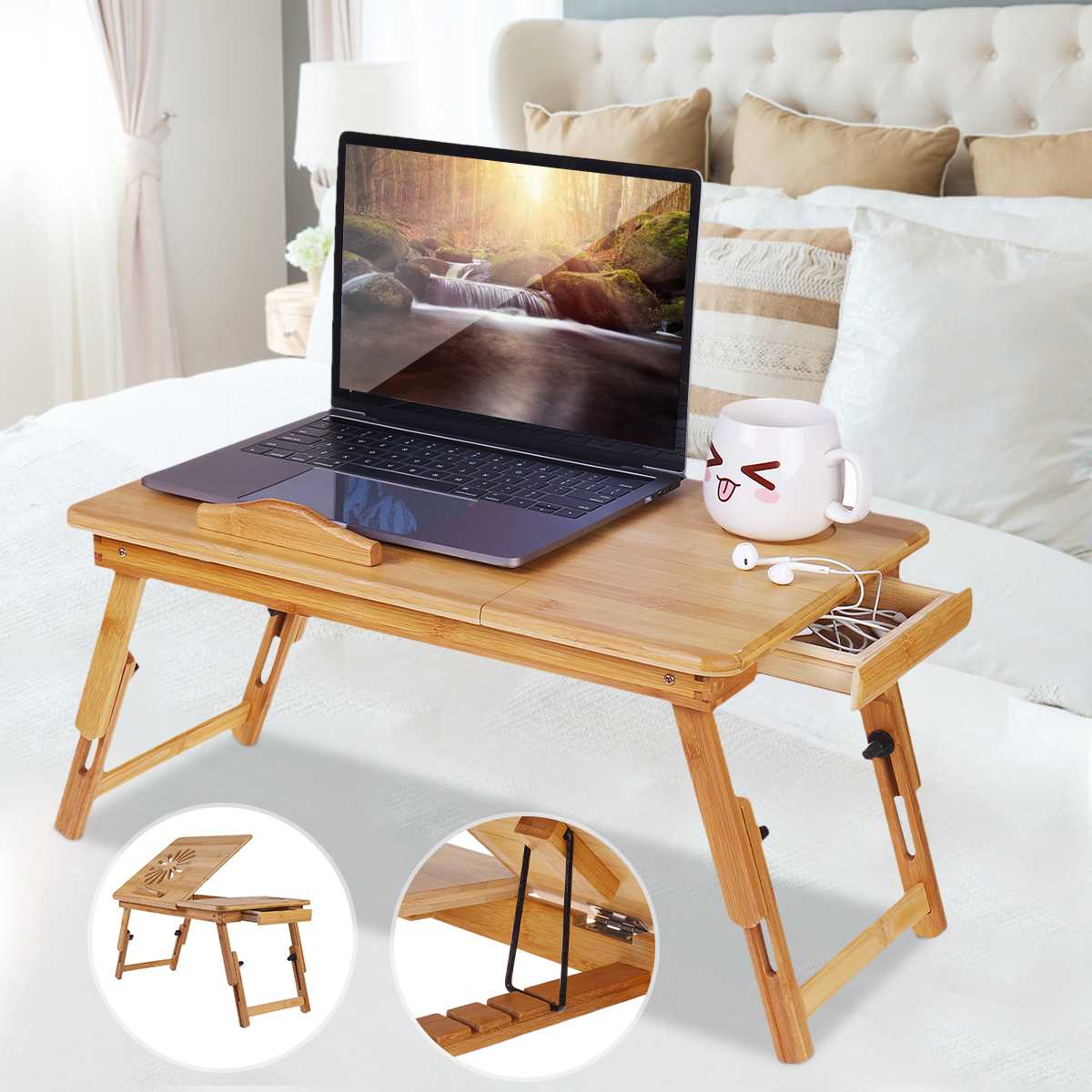 Draagbare Bamboe Opvouwbare Laptop Bureau Notebook Tafel Verstelbare Ontbijt Dienblad Bed Tafel Met Lade Werken In Bed Sofa