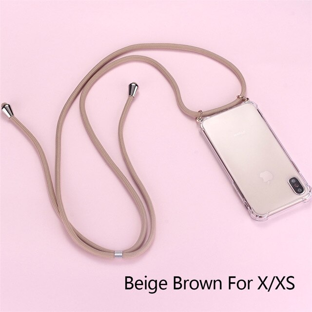 Del Cavo della cinghia Della Catena Della Cordicella Del Telefono di Caso per il iPhone XS X Mobile Della Collana Trasporta la Copertura Trasparente Caso Molle di TPU per Appendere su Apple X XS: Beige-Brown