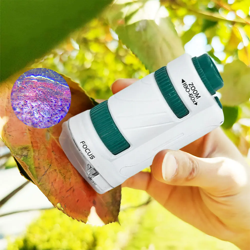 Mini microscopio educativo de mano para niños, Kit de microscopio biológico portátil, 60-180 aumentos