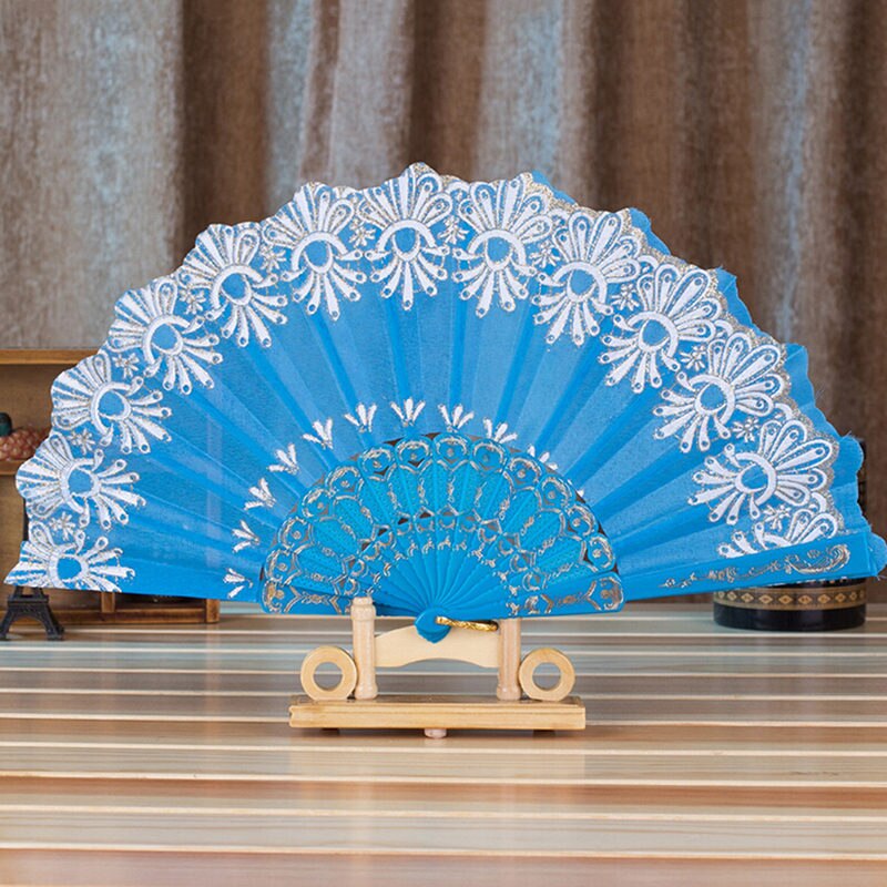 Ventilador plegable de poliéster con patrón de flores, 7 estilos, estilo chino tradicional de encaje con bronce, abanico plegable de tela ventilador plegable, decoración del hogar 1 unidad