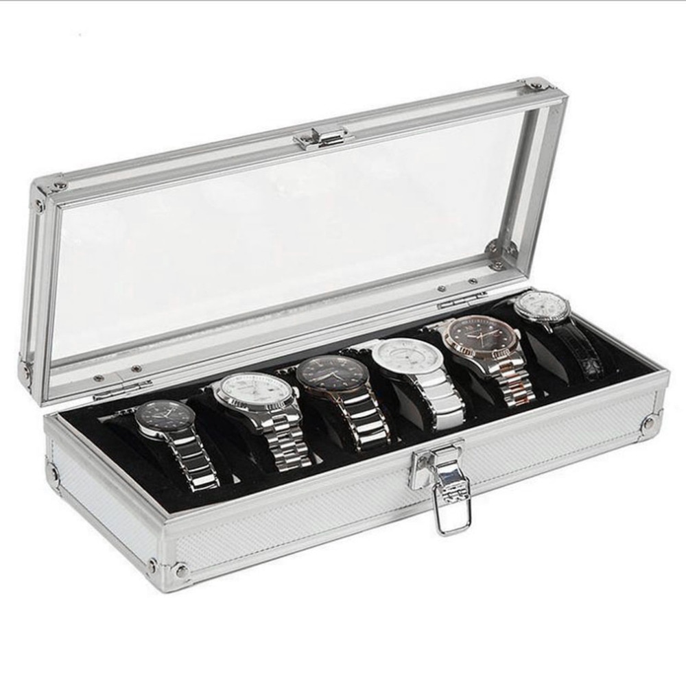 Sølvaluminium 6/12 gitter indsæt slots smykker ure display opbevaringsboks sag aluminium urkasse smykker dekorationsholder