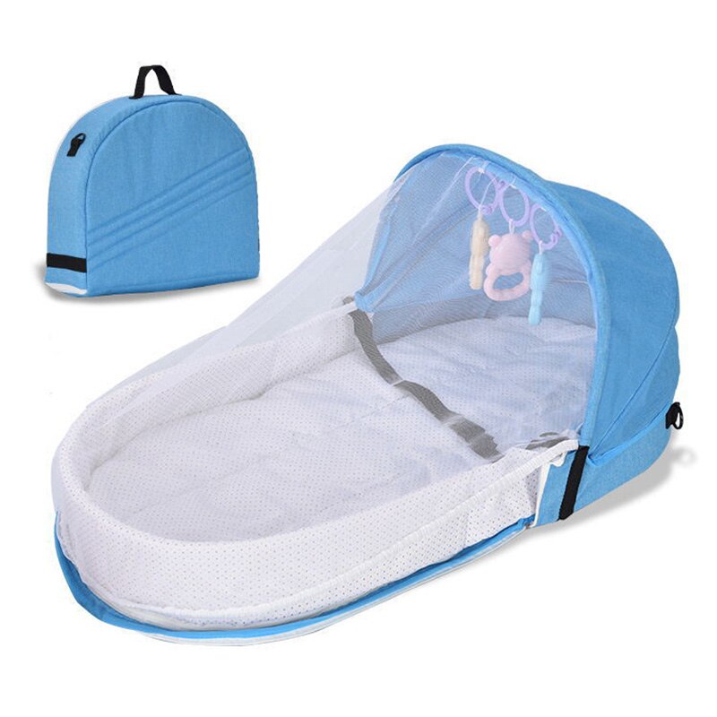 Baby Draagbare Vouwen Bed Met Klamboe Luifel Verhoog Hek Dikke Katoenen Pad Reizen Bed Tent Voor Pasgeboren Baby Peuter: Blauw