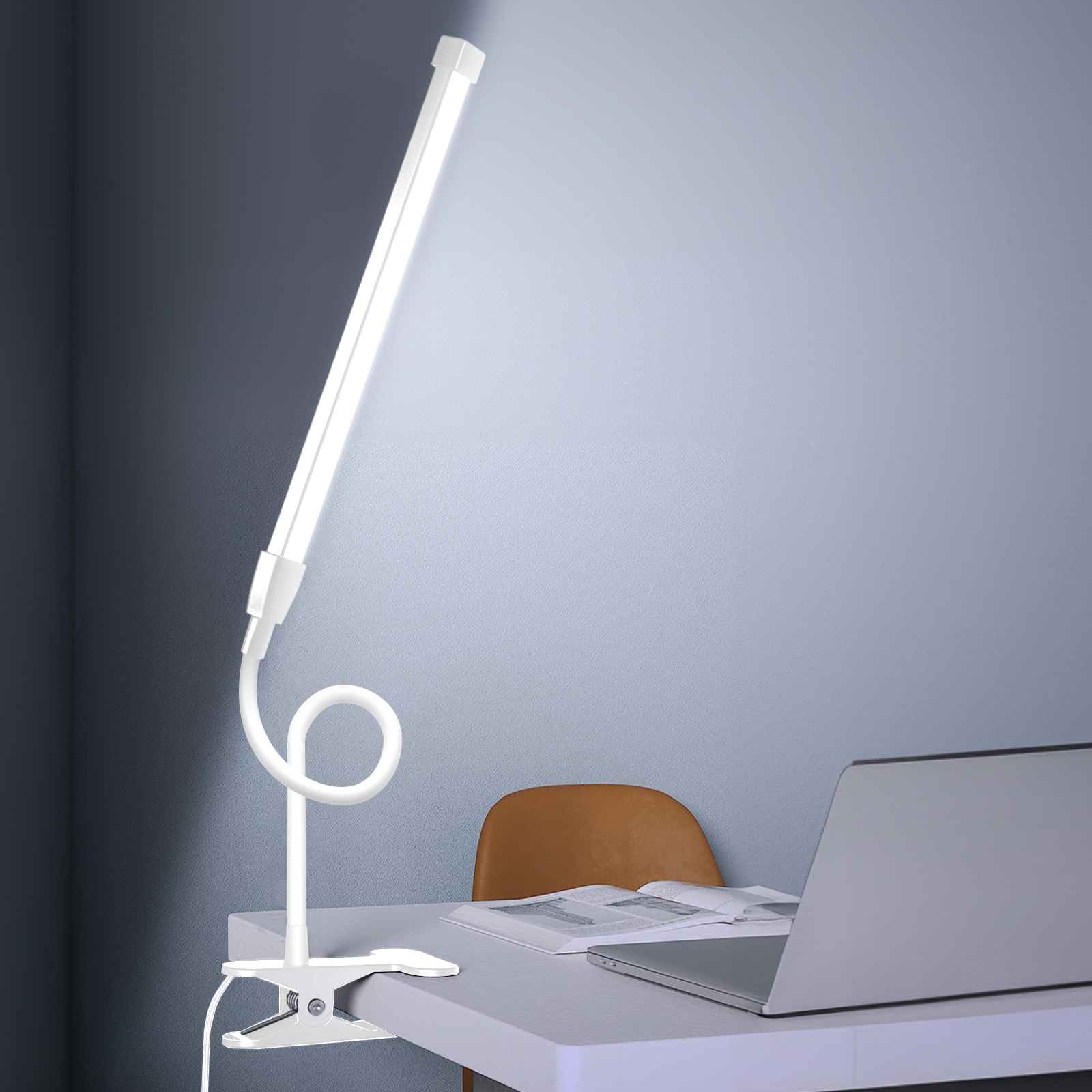 B LED-Schreibtischlampe mit Klemme, augenschonende Clip-an-Leuchten für das Heimbüro, 3 Modi, 10 Helligkeiten, langer, flexibler Schwanenhals, Metall: Elfenbein