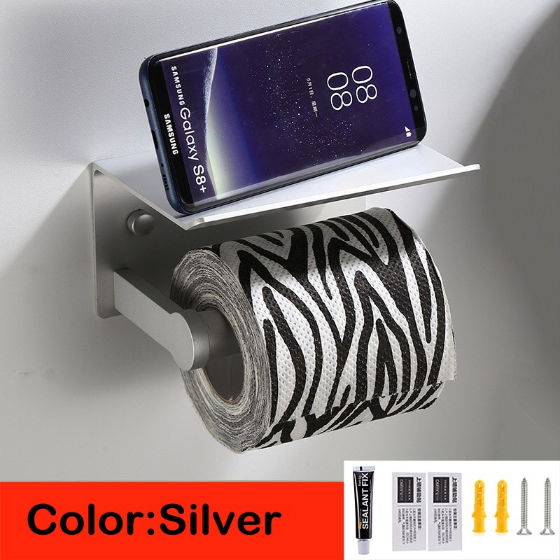 Badeværelse toiletpapirholder sort sølvguldserviet telefonstativ vægmonteret plads aluminium wc papirholder med hylde: Sølv