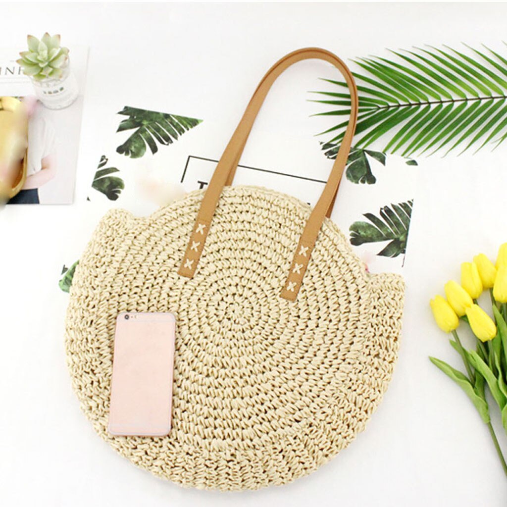 38 # runde Kupplung Stroh Strand Tasche Jahrgang Hand-gestrickte Schulter Tasche Bast Runde Rattan Pack Böhmischen Sommer Strand tasche