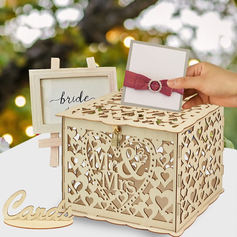 Wooden Wedding Card Boxes Wedding Guestbook Greeting Card Message Letter Storage Box for Mr Mrs Bride Groom