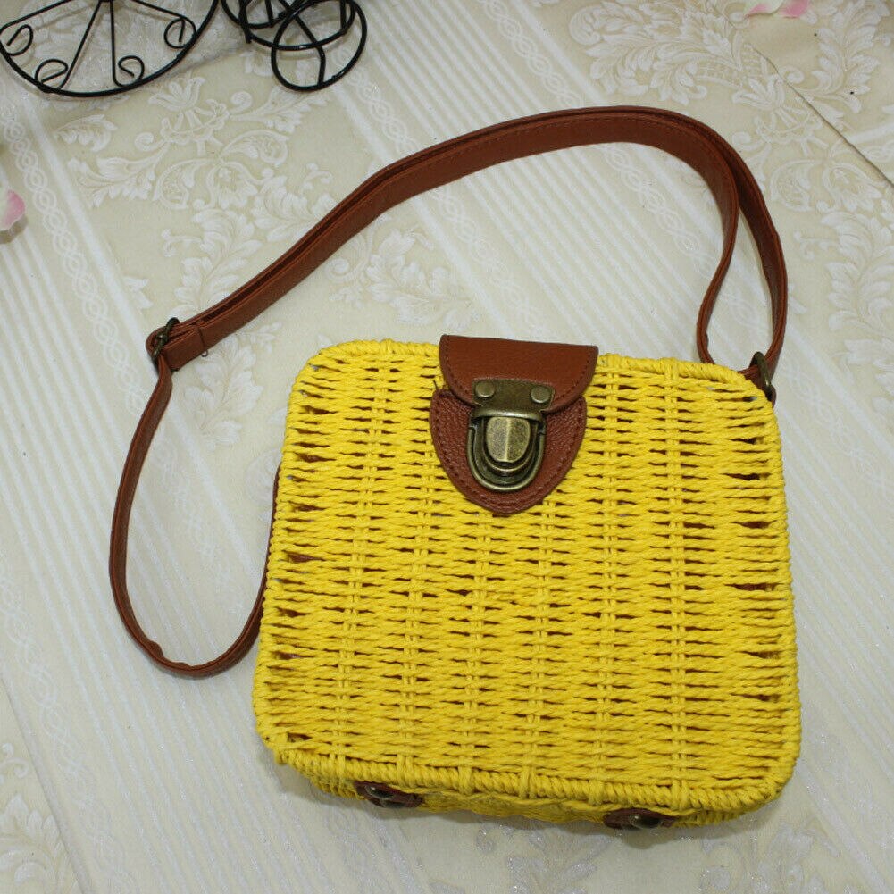 Bolsa de palha rattan feminina, nova bolsa quadrada de palha trançada para mulheres, transversal, praia, bolsa de verão, bolsa de mensageiro, imperdível: Amarelo