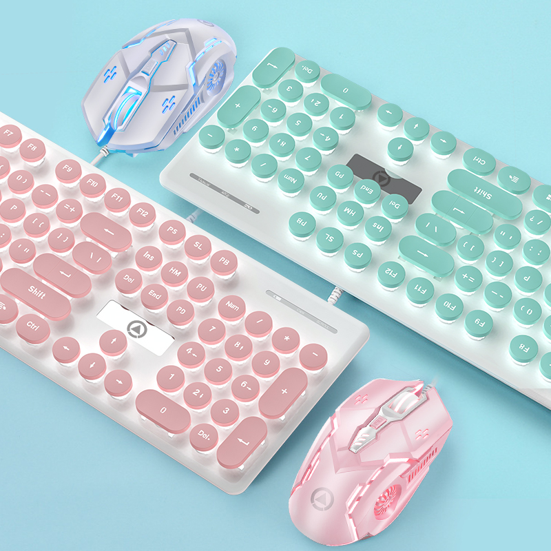 Punk Backlit Gaming Keyboard and Mouse Mechanical Feel Round Keycaps USB Wired Cherry Pink Keyboard Mouse Headphone for PC Gamer