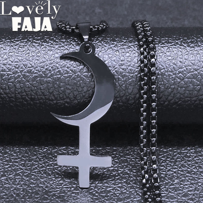 Lilith-collar con Cruz invertida de media luna, collares con signo de símbolo astrológico de acero inoxidable, joyería de Satán, cruz invertida N3776