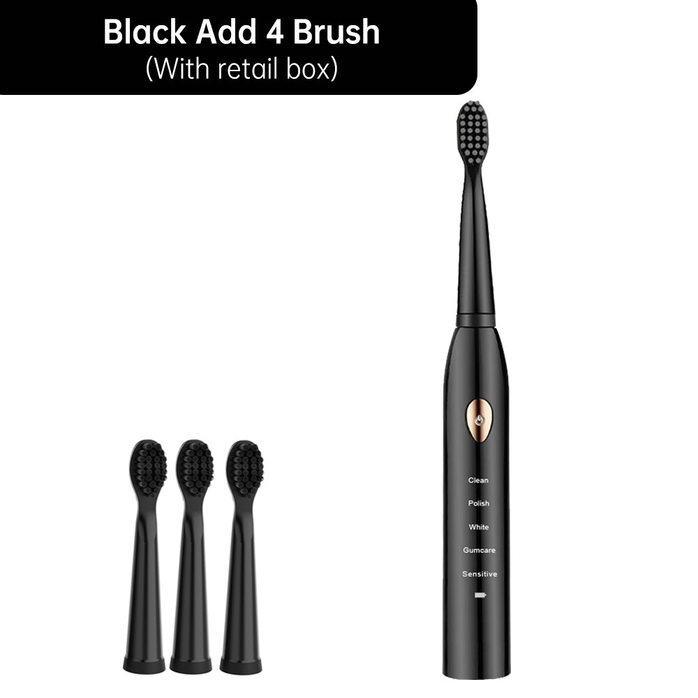 5 modus Smart Elektrische Zahnbürste Automatische Ultra sonic Sonic Zahnbürste Erwachsene IPX7 Wasserdichte USB Aufladbare Zähne Pinsel: Black 4 Brush