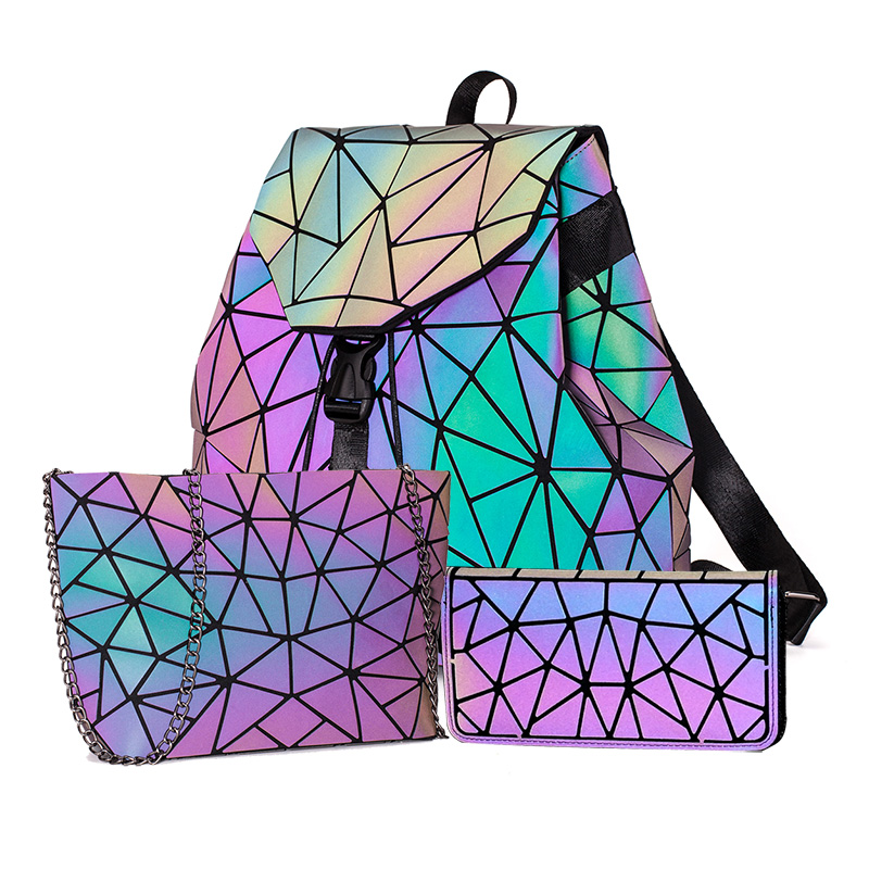 Diomo 2022 feminino conjunto mochila luminosa geométrica lantejoulas sacos para senhoras bagpack reflexivo holográfico sacos: Default Title