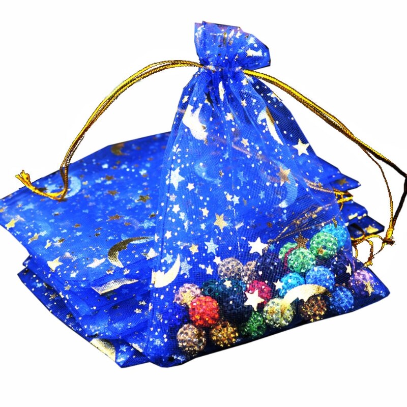 100Pcs Moon Stars Trekkoord Organza Zakjes Koord Kleine Sieraden Bags Zakjes Voor Wedding Party Valentijnsdag: Blauw