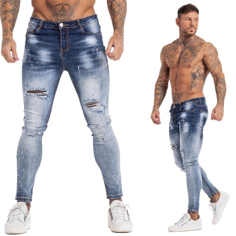 GINGTTO Jeans Men Elastic Waist Skinny Jeans Men Stretch Ripped Pants Streetwear Mens Denim Jeans Blue