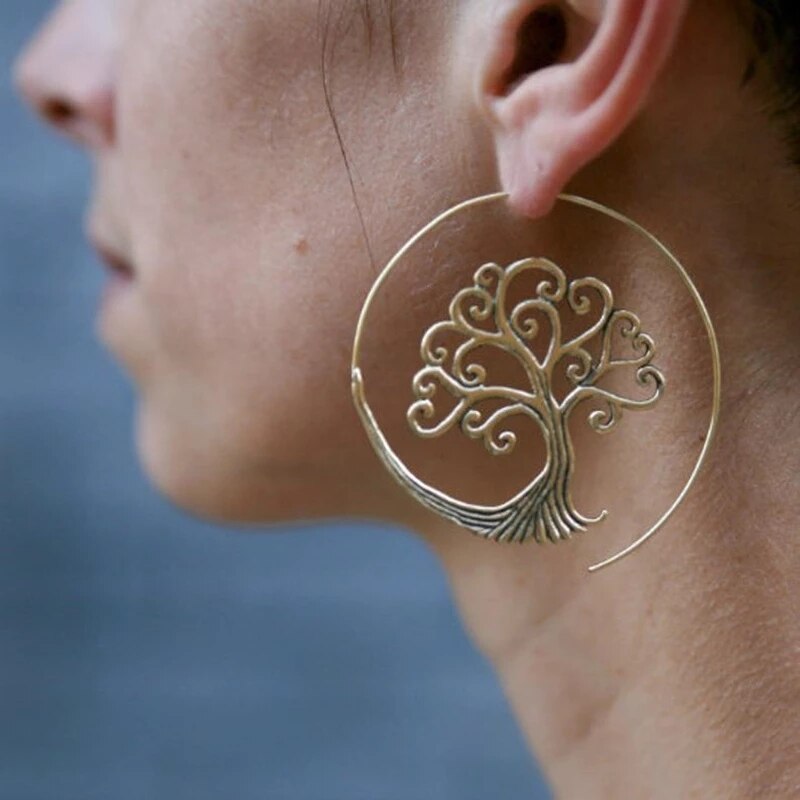 Spiral Tree of Life Earrings Bohemia Round Hoop Earrings For Women Statement Gold Punk Charm Earrings Party Jewelry