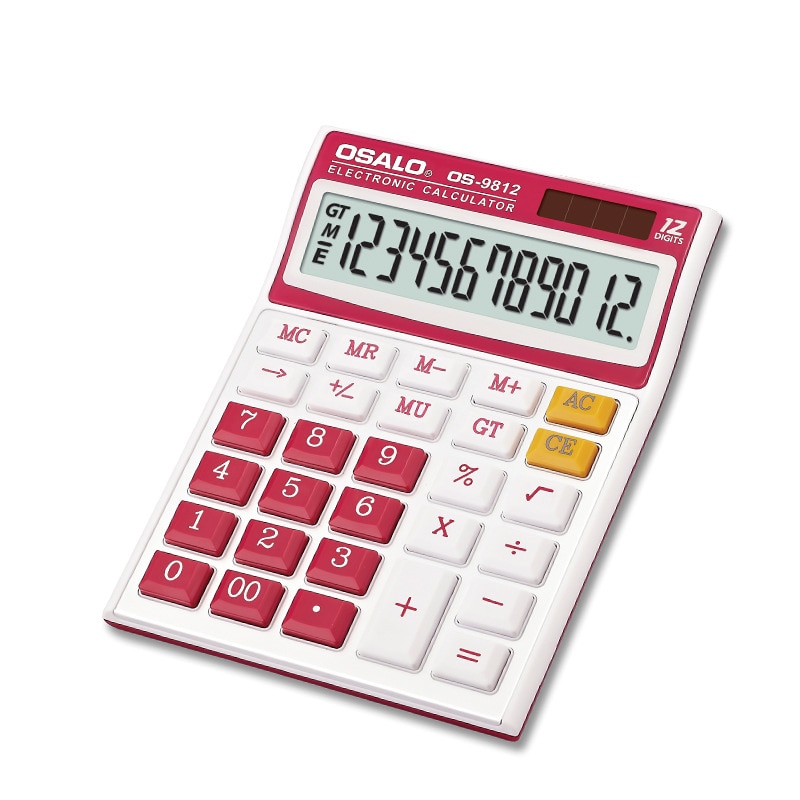 Calculator Desktop Environmental Protection Abs Plastic Solar Dual Power 12 Digit Color Os-9812vc Large Screen Display Computer: White
