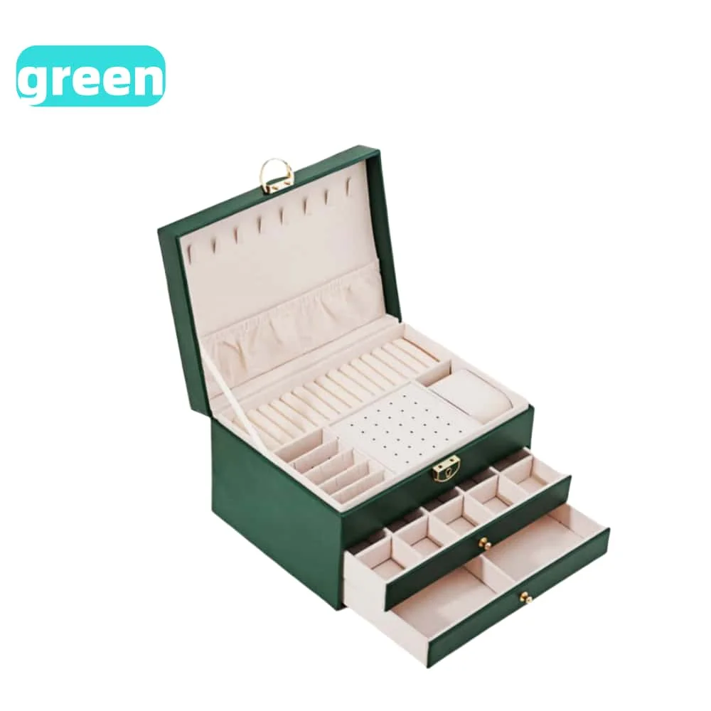 Schmuck-Aufbewahrungsbox, abschließbar – 3-lagige große Schublade für Ohrringe, Ringe, Halsketten-Organizer – modische Reise-Schmuck-Aufbewahrungsbox: green