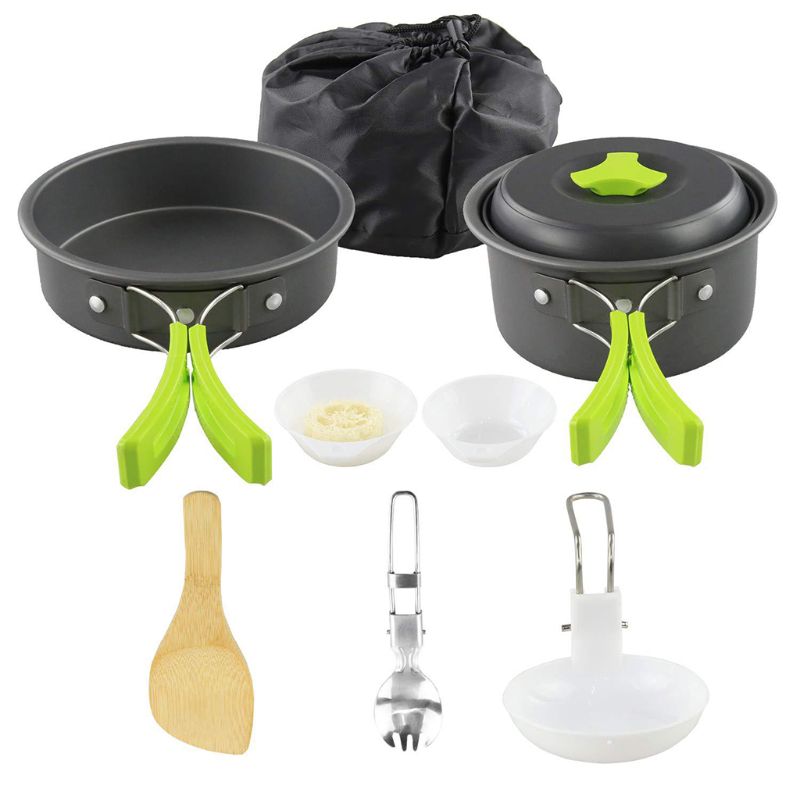 Draagbare Camping Kookgerei Puinhoop Kit Vouwen Kookset Voor Wandelen Backpacken 10 Stuk Lichtgewicht Duurzaam Pot Pan Bowls Spork Met