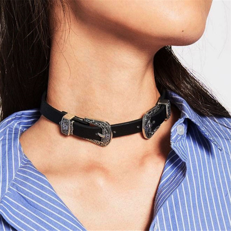 Vintage Women Choker Necklaces Pu Leather Belt Collar Choker With Double Buckles Adjustable Choker Jewelry For Girl