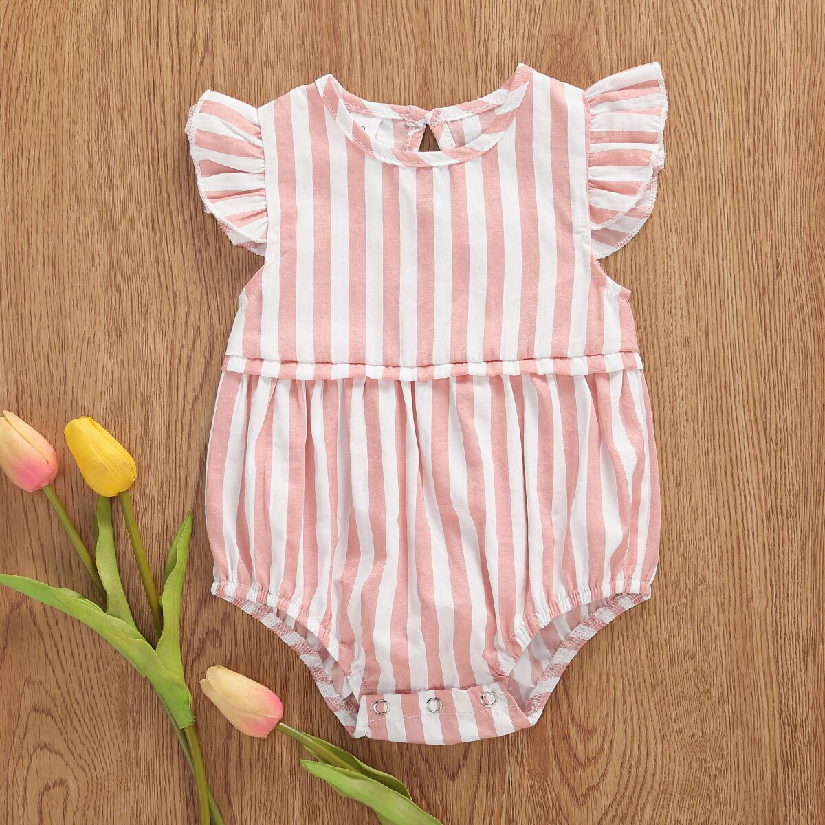 Een Stuk Rompertjes Kinderen Baby Meisjes Jongens Gestreepte Print Outfits 0-18M Ruches Korte Mouwen Mooie Jumpsuits 2 kleuren