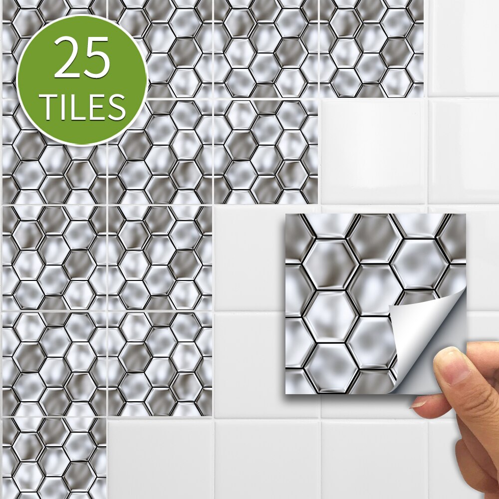 Funlife 10/15cmx25pcs hexagon PVC Waterproof Self adhesive Wall Sticker Tile Sticker For Kitchen Bathroom Furniture SJ020-SJ023: Sliver hexagon / 10x10cmx25pcs