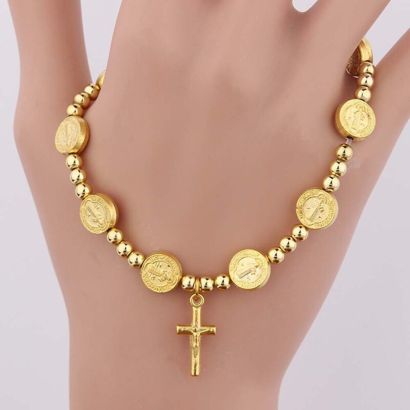 Bracelet croix de jésus, perles dorées, ornement sacré pour noël, décoration d&#39;église catholique, religieux