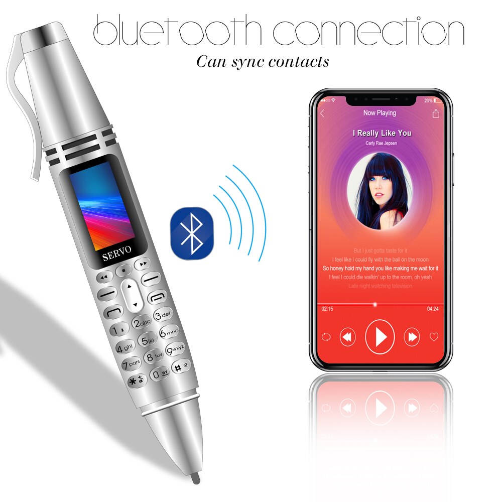 Opkald optagelse pen mobiltelefon servo  k07 0.96 "lille skærm dual sim sync kontakt lommelygte bluetooth dialer mini mobiltelefon