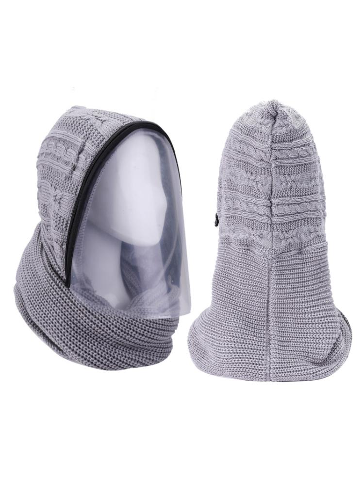 Winter Knit Hooded Scarf with Removable Clear Face Shield Protective Earflap Cap