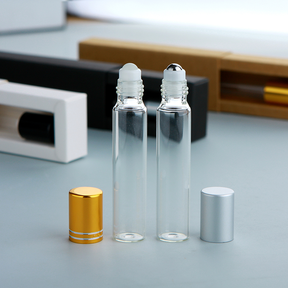 50Pcs/Lot 10ml Clear Glass Roller Essential Oil Bottle With Box Roll On Perfume Bottle Cosmetics Container Print LOGO Pay Extra