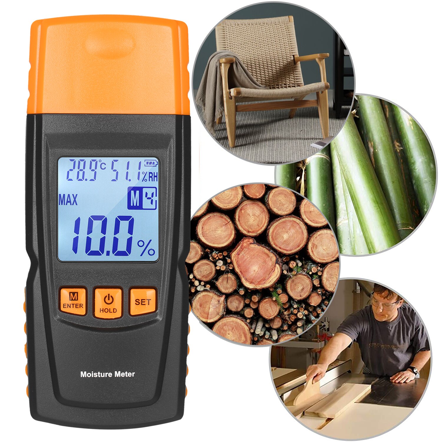 3-in-1 Digital Wood Moisture Meter Firewood Water Content Analyzer Ambient Temperature+Humidity+Wood Moisture Tester