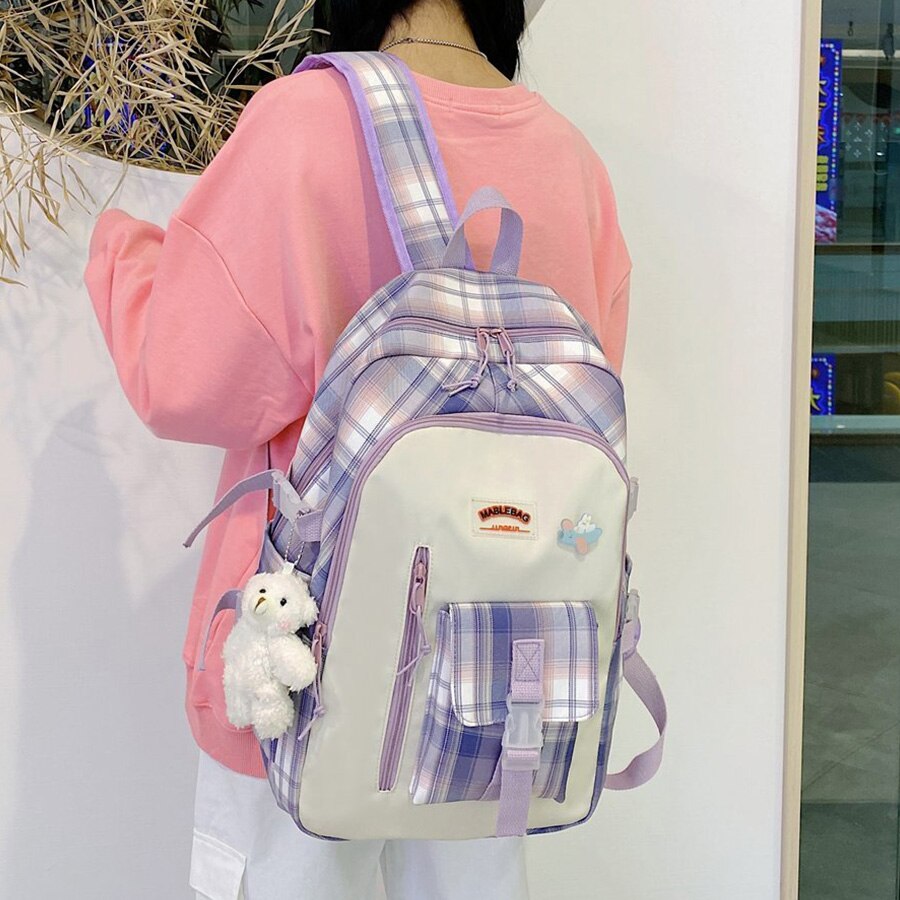 Mochila con patrón a cuadros de gran capacidad para estudiantes, bolso escolar Morado para chicas, mochila de viaje para el Campus