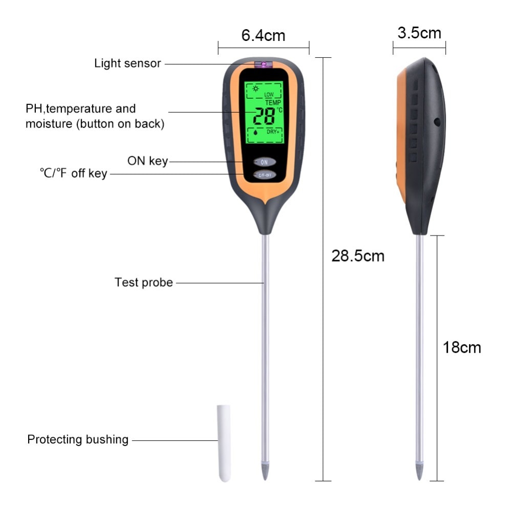 Soil Survey Instrument Big LED 4 in 1 Plant Soil PH Moisture Light Soil Meter Thermometer PH Value Sunlight Tester