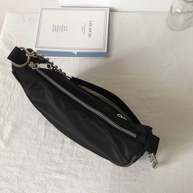 Vintage Nylon Chain Shoulder Hobo Bags For Women Black Crossbody Messenger Bag Female Casual PU Handbags Travel Purses