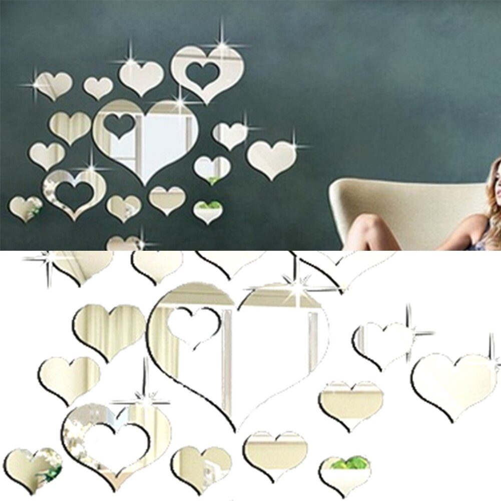 Silver DIY Acrylic Mirror Wall Stickers Love Hearts For Living Room Bedroom Home Decals DIY Acrylic Decoration Wall Stickers