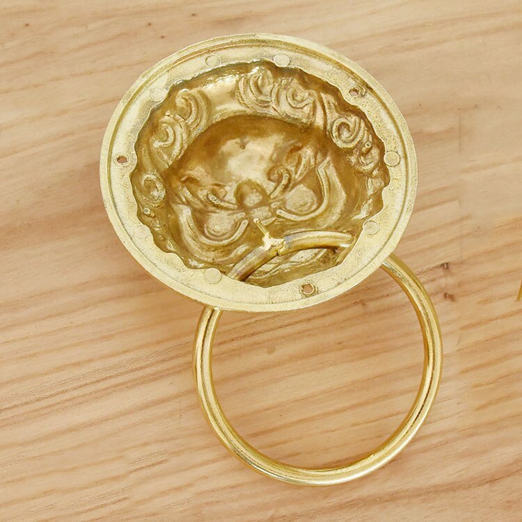 Timbre de puerta antiguo chino Dia 9,8 cm antiguo de cobre puro León cabeza puerta manija Puerta de cajón tirador de puerta Puerta de puerta manija de la puerta