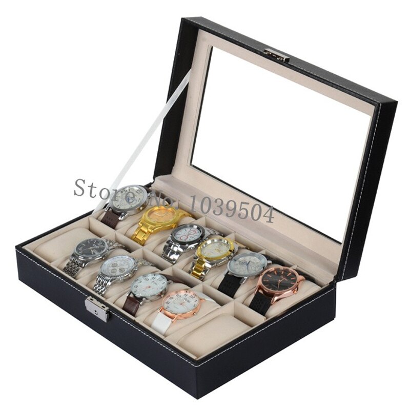 6/10/12 Slots Watch Box Leather With Lock Black Box For Watches Men Watch Display Box Box Holder: 12 Slots