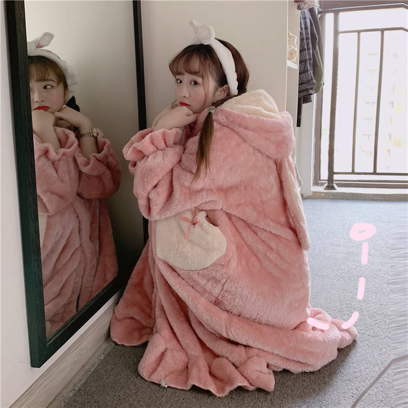 Túnicas de franela con capucha para mujer, ropa cálida y suave con bolsillos en forma de corazón, color rosa, de terciopelo, gruesa, Kawaii, para el hogar, estudiantes de estilo coreano diario