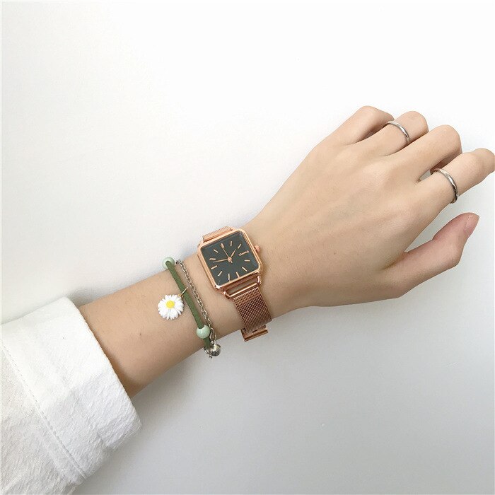 Vrouwen Mode Vierkante Horloges Minimalistische Dames Quartz Wrsitwatches Ulzzang Goud Zilver Rvs Mesh Band Klok