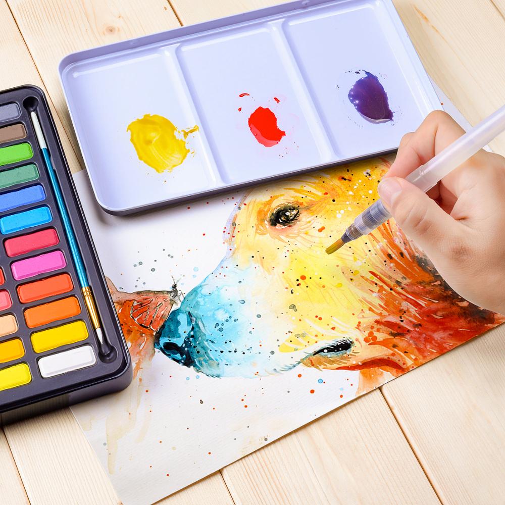 Juego de pinturas de acuarela de 36 colores, con 8 hojas de papel de 300gsm y bolígrafo de pincel de agua para materiales de arte