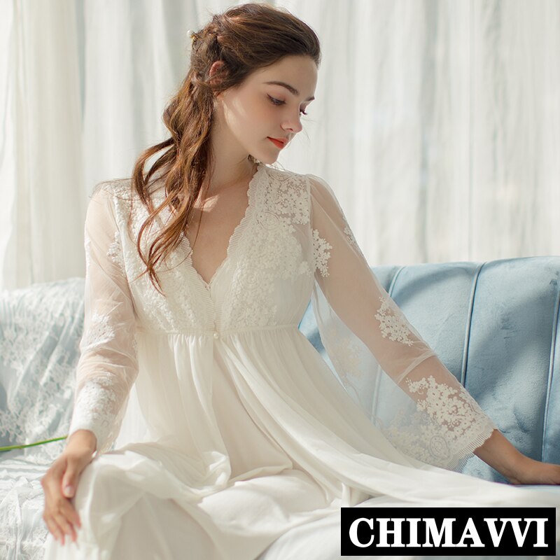 Embroidered White Robe Lace Robe Fairy Long Robe Lady White Lace Embroide... – Grandado