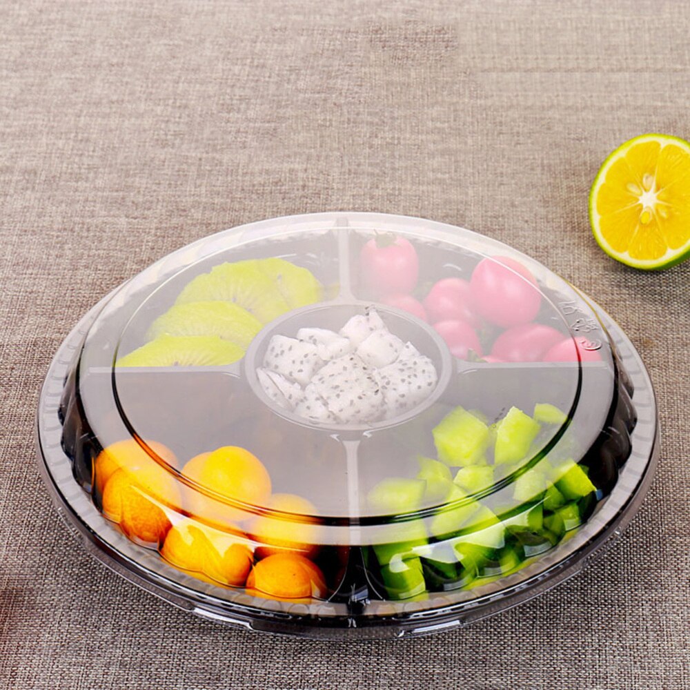 10PCS Disposable 5 Compartment Food Storage Containers Round Salad Fruits Box with Lids