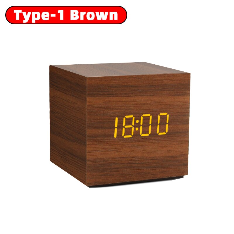 Wekker Tafel Klok Led Digitale Houten Usb/Aaa Aangedreven Bureauklok Temperatuur Vochtigheid Voice Control Elektronische Home Decor: type 1-brown