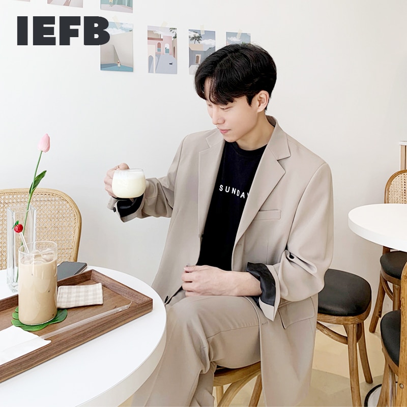 IEFB-abrigo de estilo coreano para hombre, traje negro holgado de un solo pecho, color caqui, ropa informal para Primavera de 2022, 9Y6366