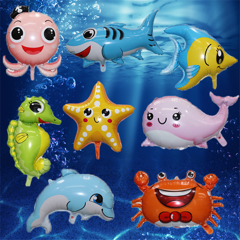 Globos decorativos para de cumpleaños de niños, película de aluminio de animales marinos, bonitos dibujos animados